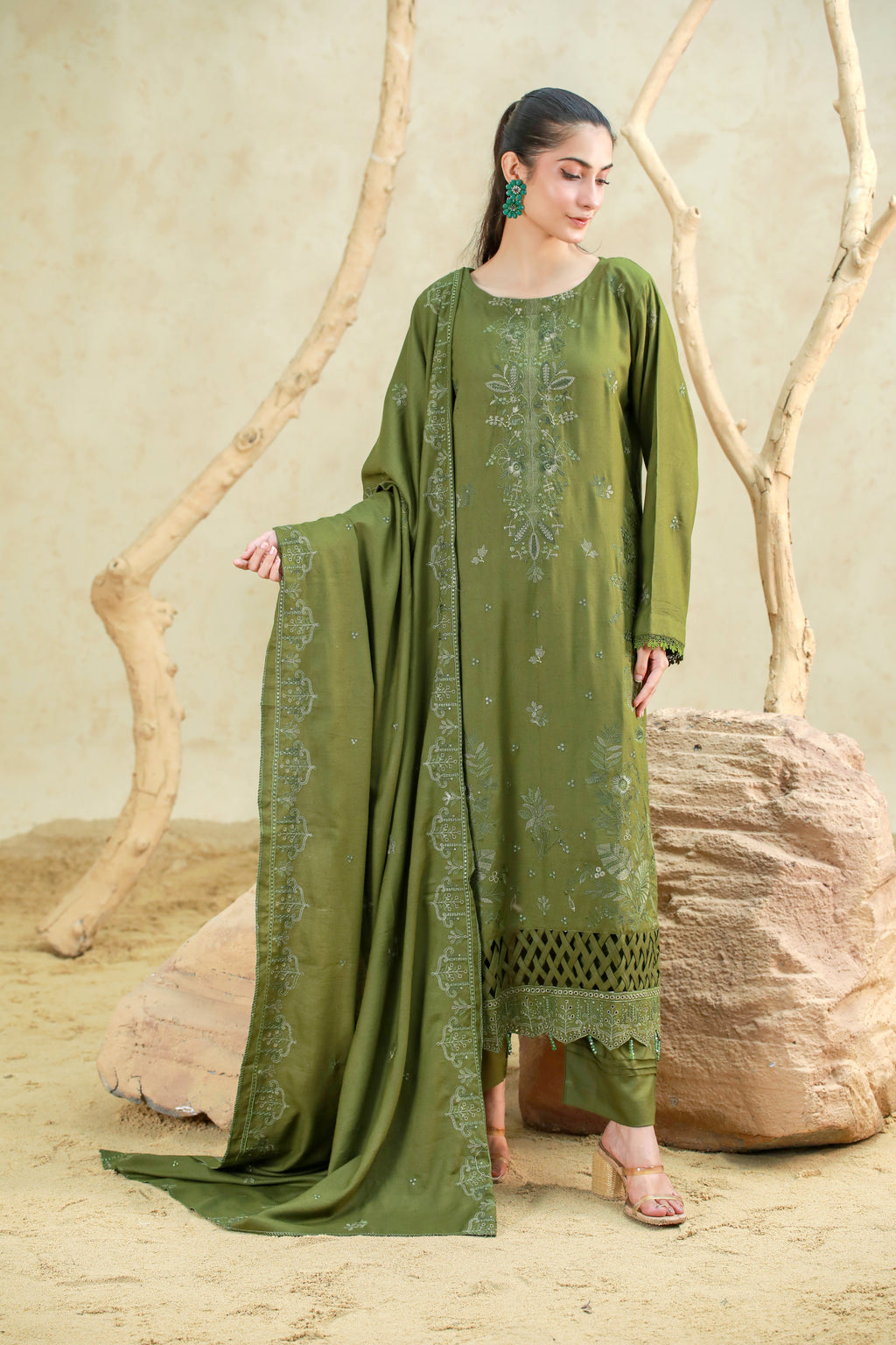 Luxury Karandi Embroidered 3 Piece Suit with Karandi Shawl