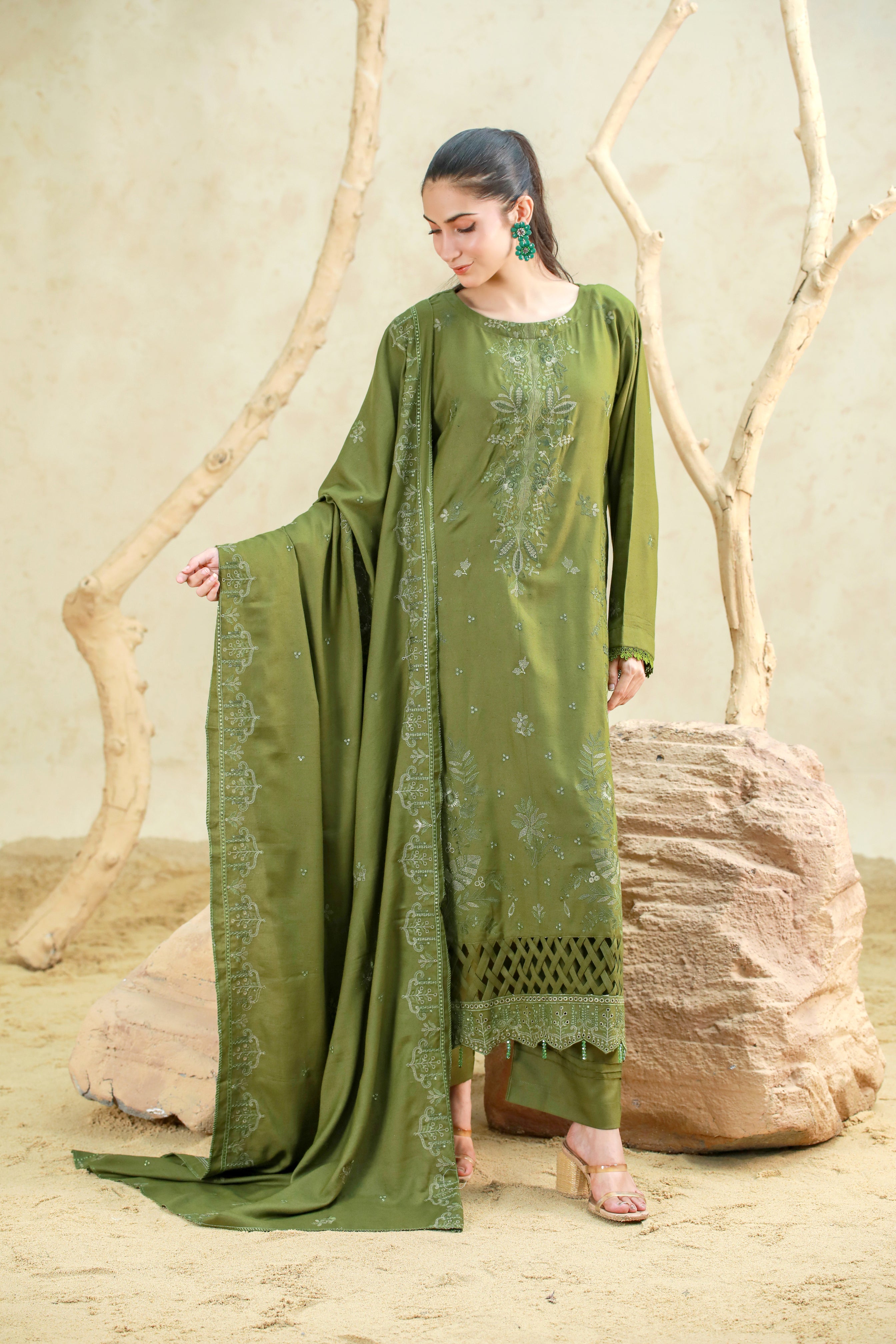 Luxury Karandi Embroidered 3 Piece Suit with Karandi Shawl