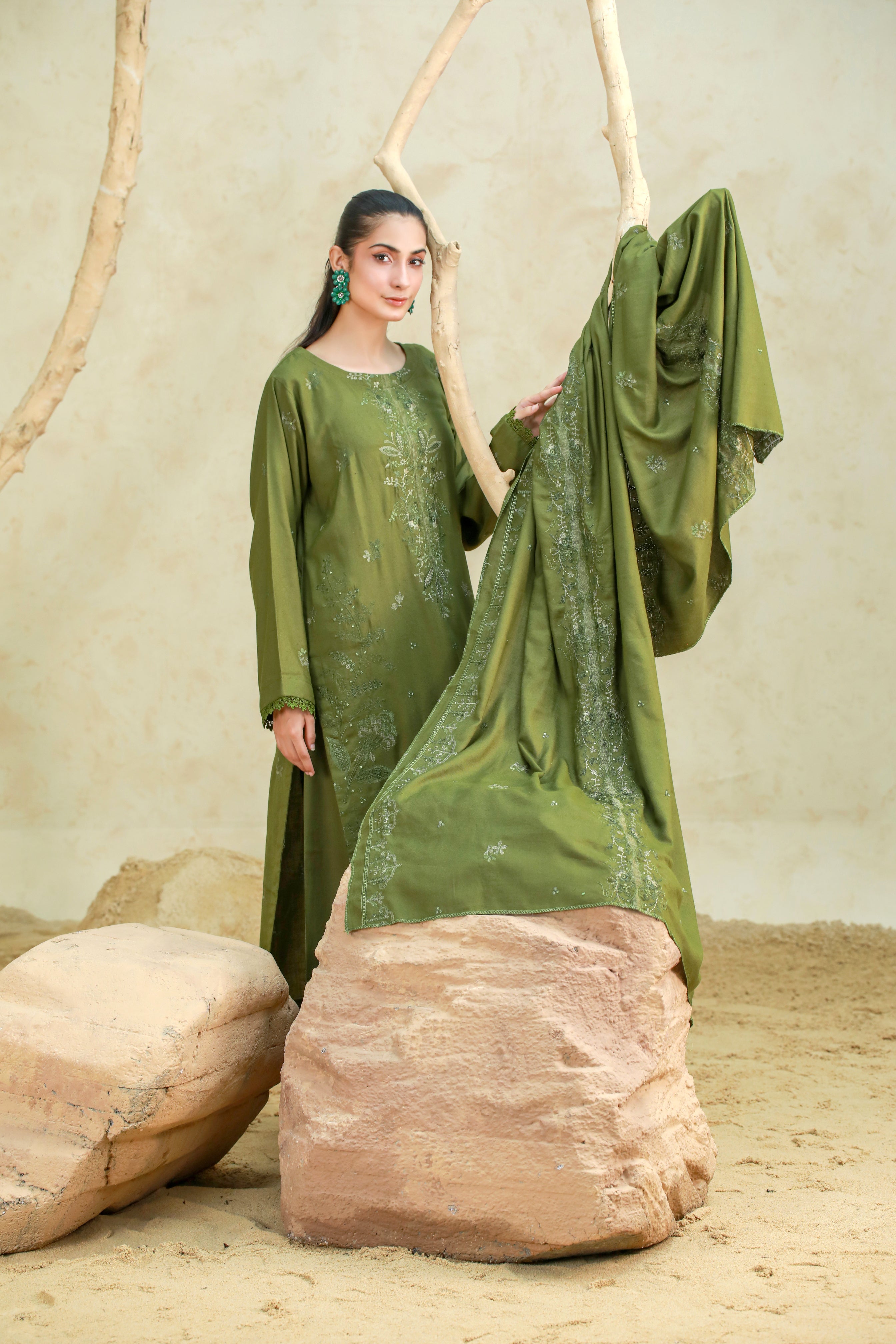 Luxury Karandi Embroidered 3 Piece Suit with Karandi Shawl