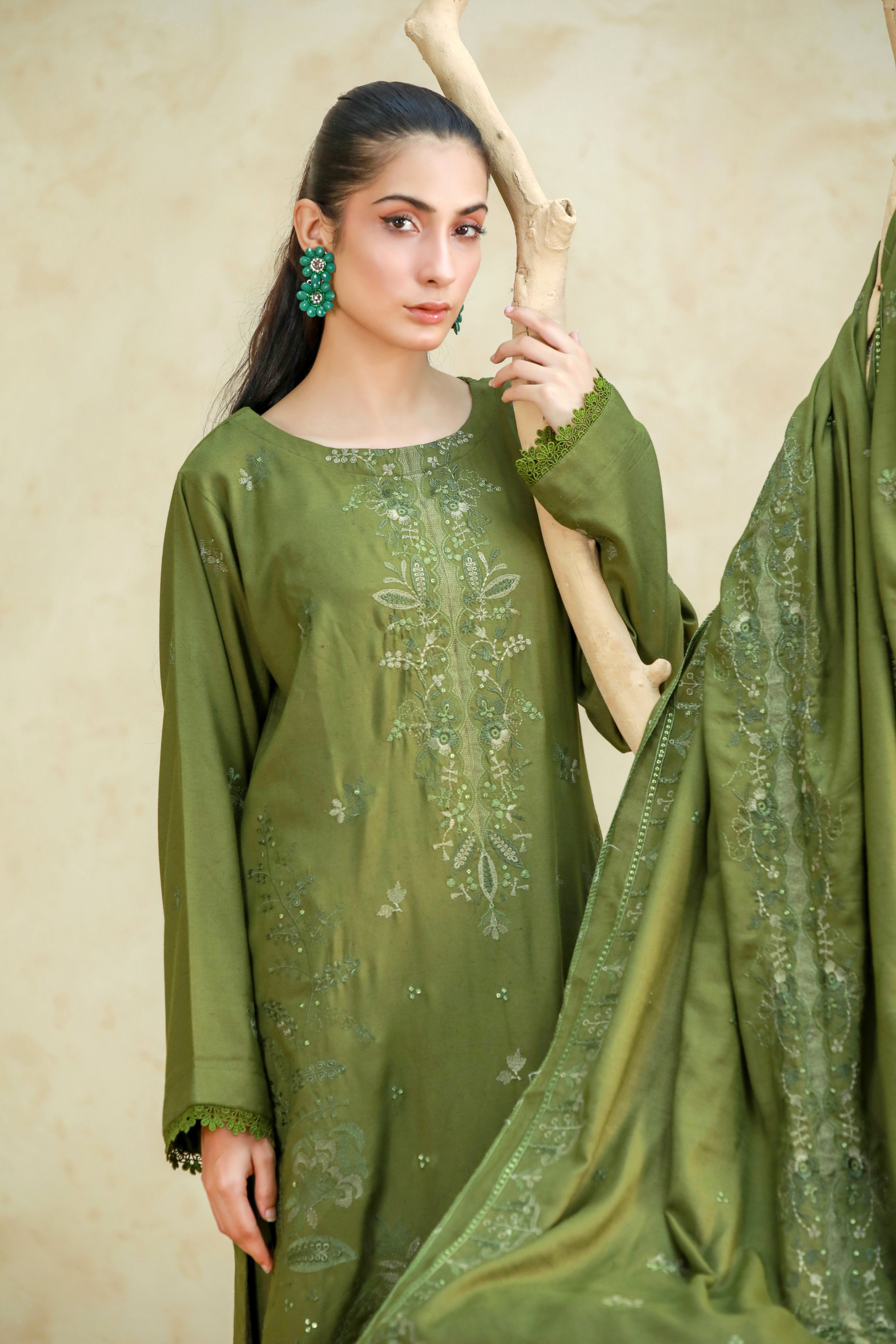 Luxury Karandi Embroidered 3 Piece Suit with Karandi Shawl