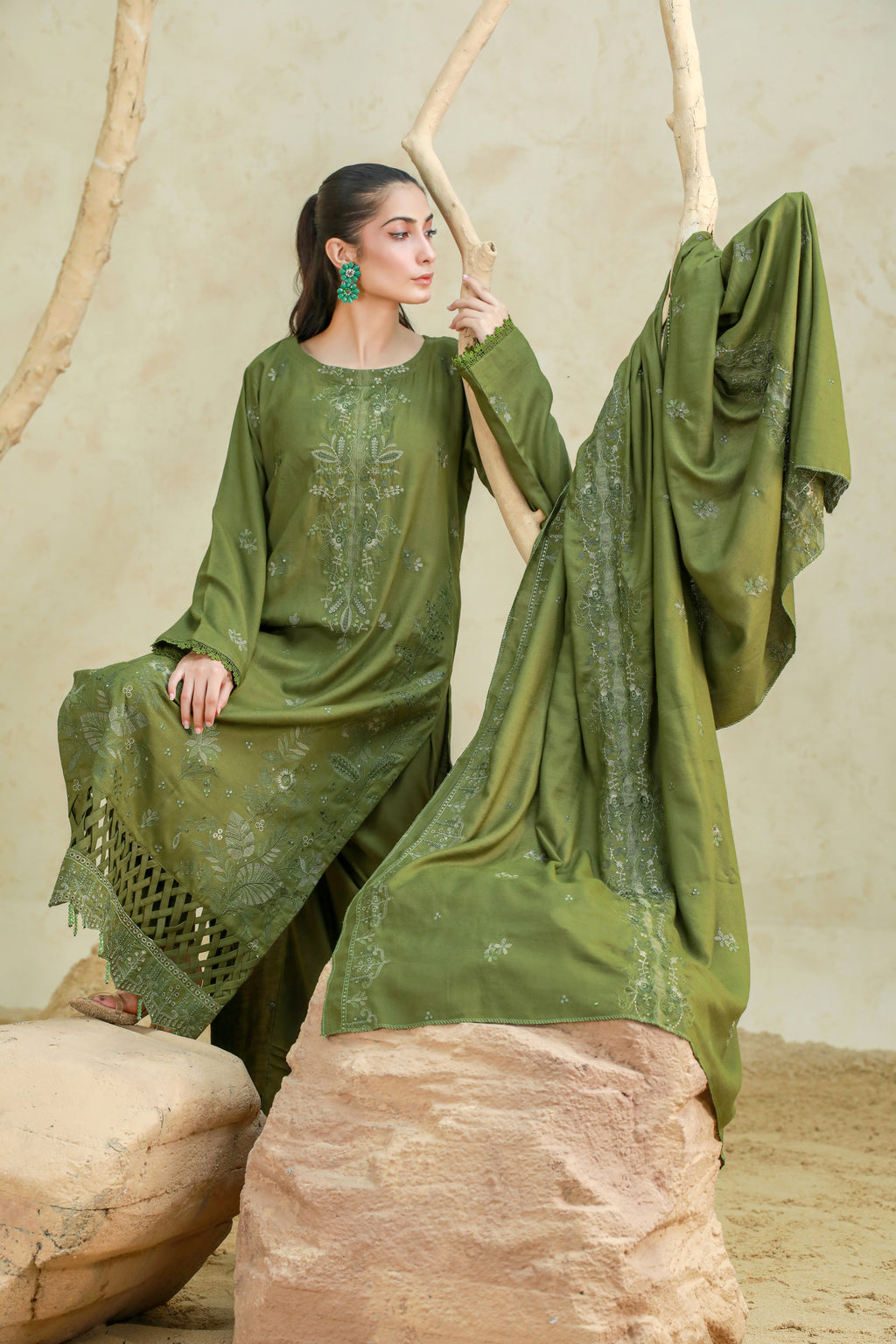 Luxury Karandi Embroidered 3 Piece Suit with Karandi Shawl