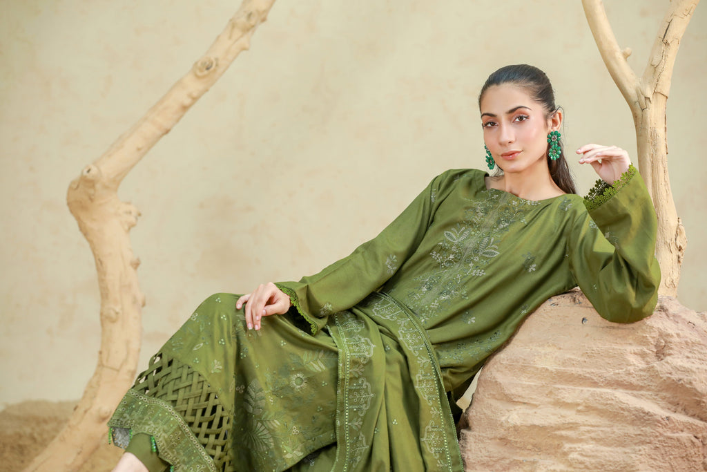 Luxury Karandi Embroidered 3 Piece Suit with Karandi Shawl