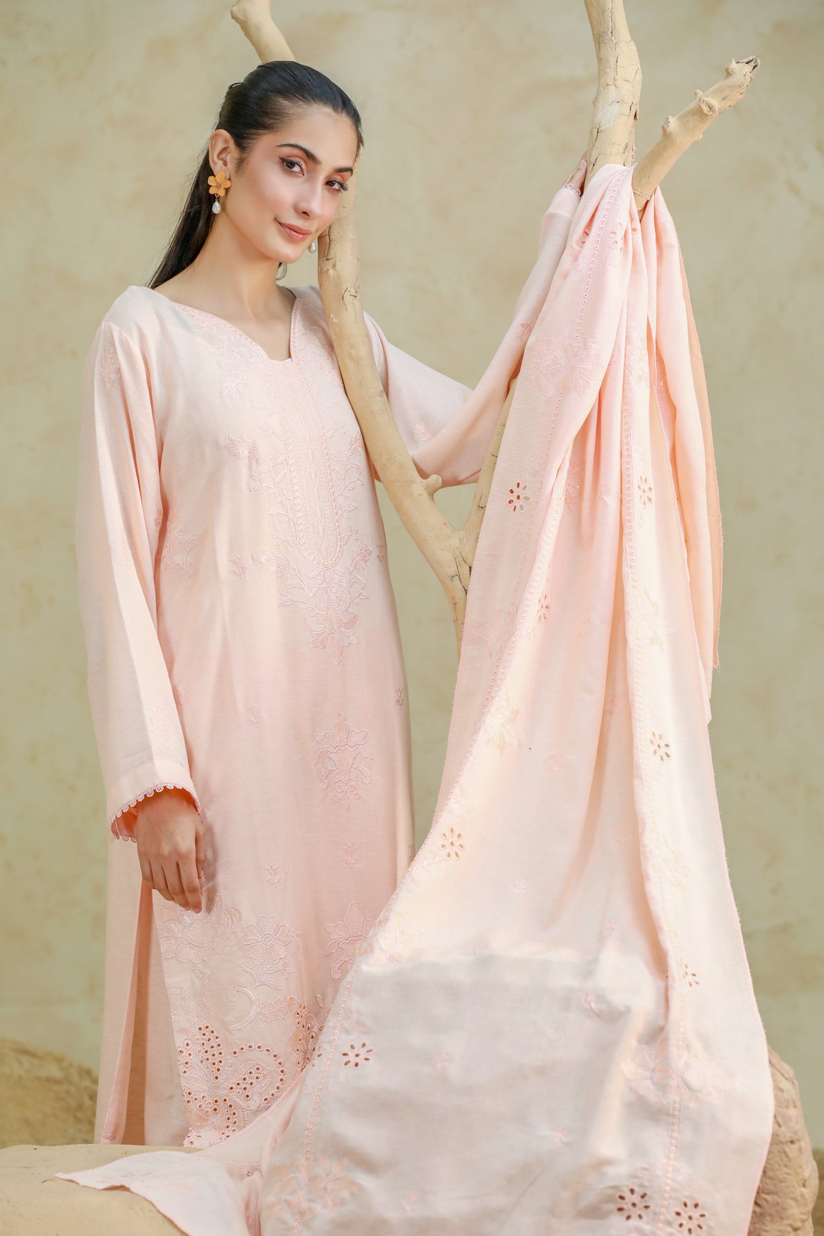 Luxury Karandi Embroidered 3 Piece Suit with Karandi Shawl